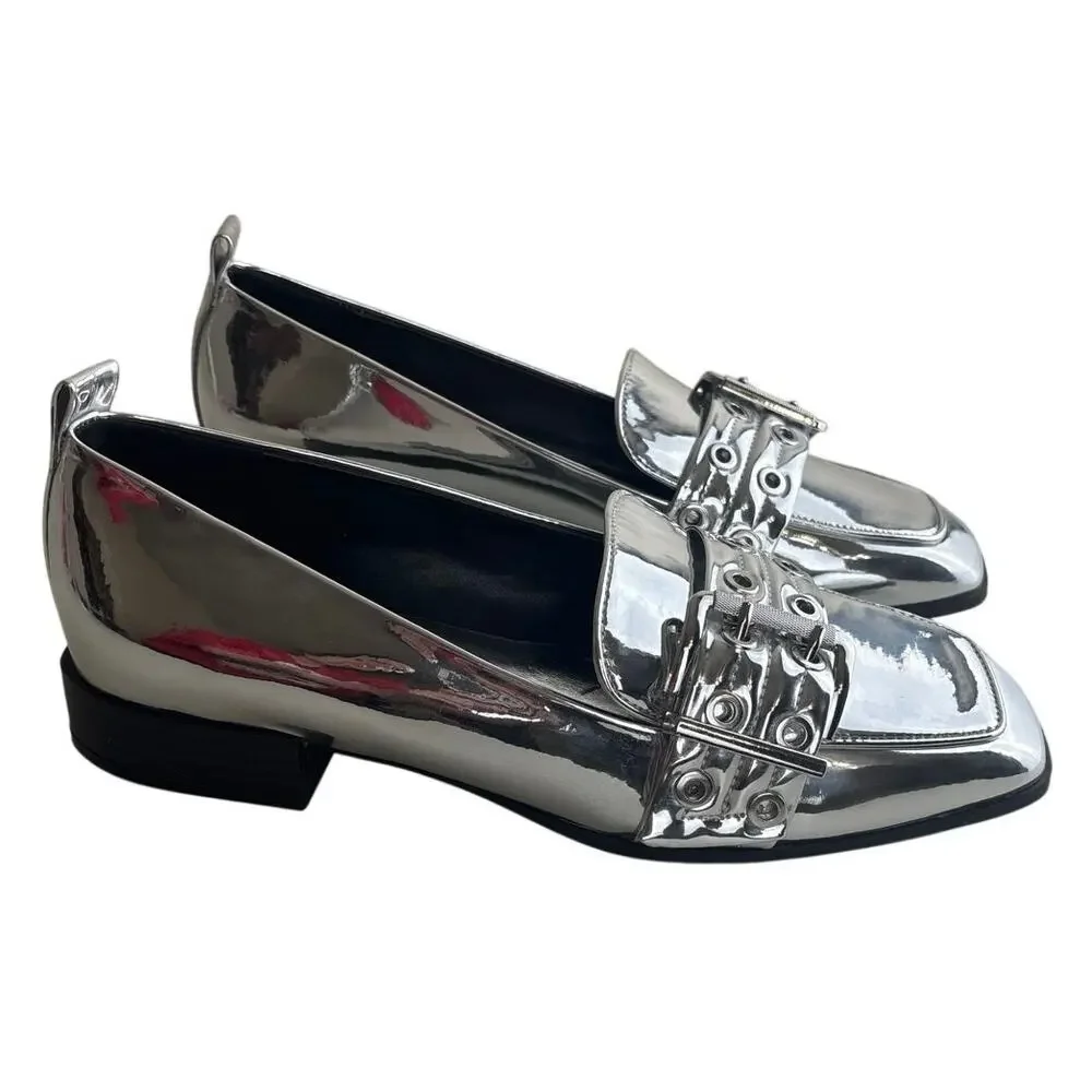 NWOT Mix No. 6 Piercie Silver Metallic Buckle Loafers Size 9 – Square Toe